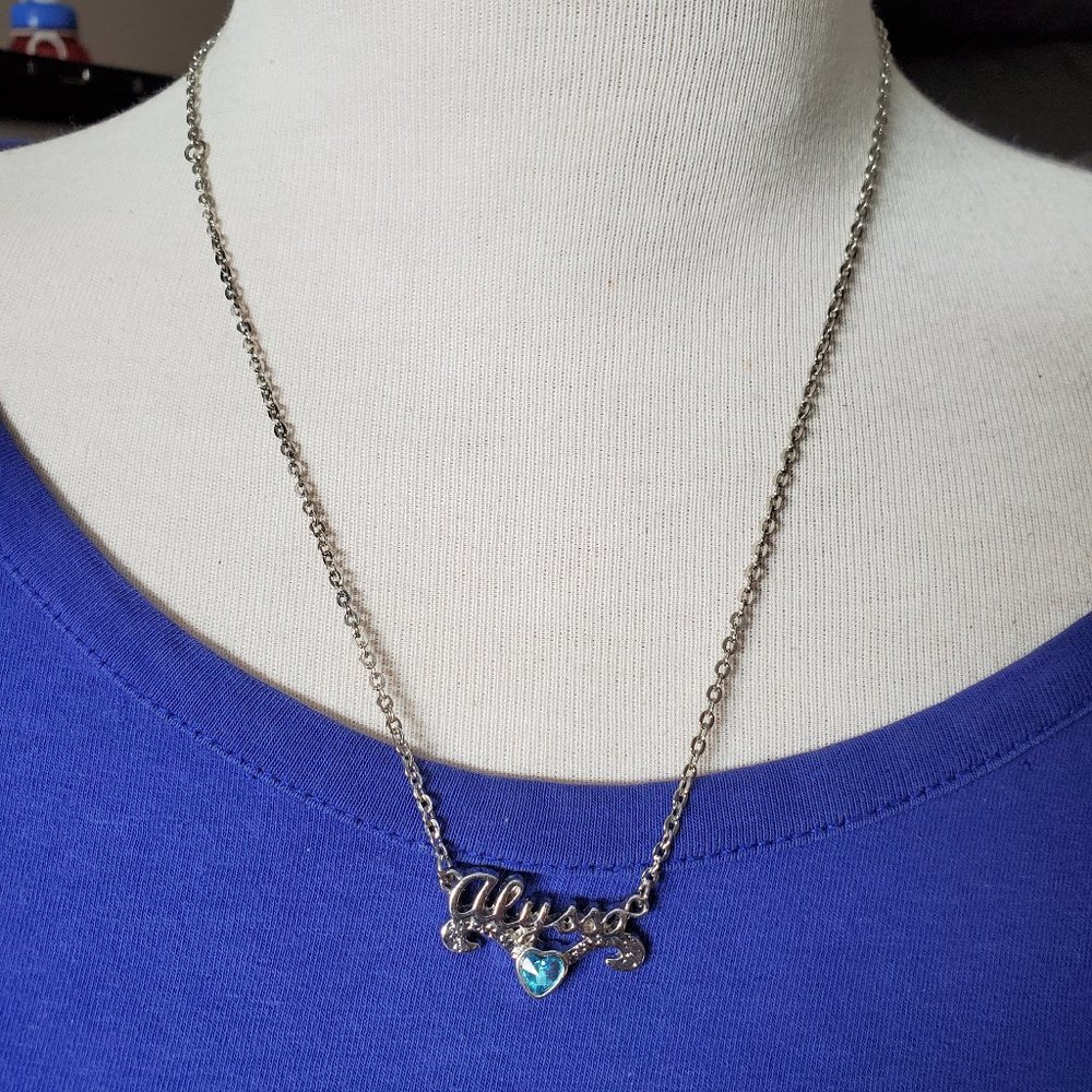 16" Silver Tone Blue Rhinestone Alyssa Mongram Pendant Necklace Casual Women